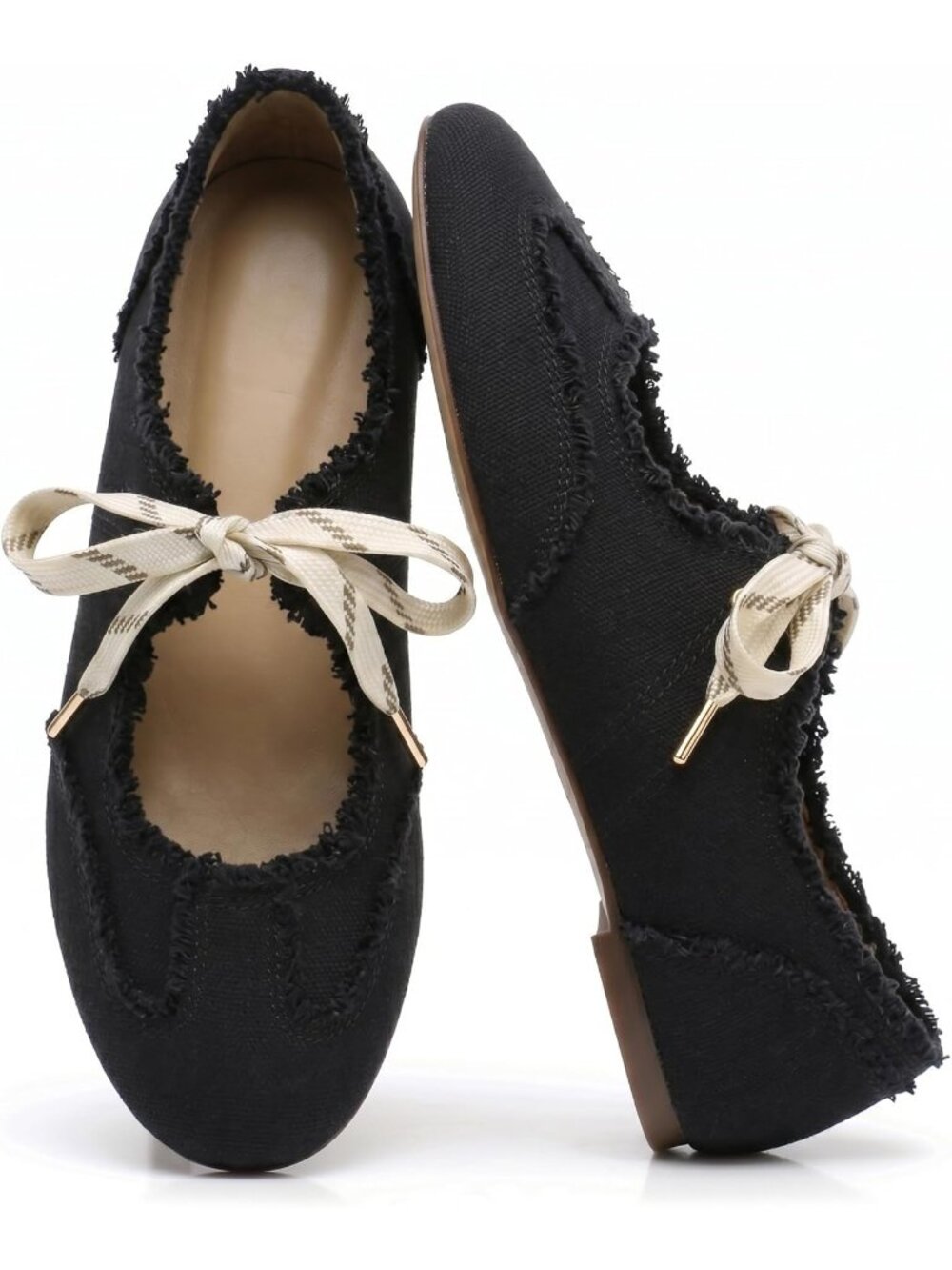 Women's Canvas Black Round Toe Mary Jane Ballerina Lace Up Flat Sneaker Shoes